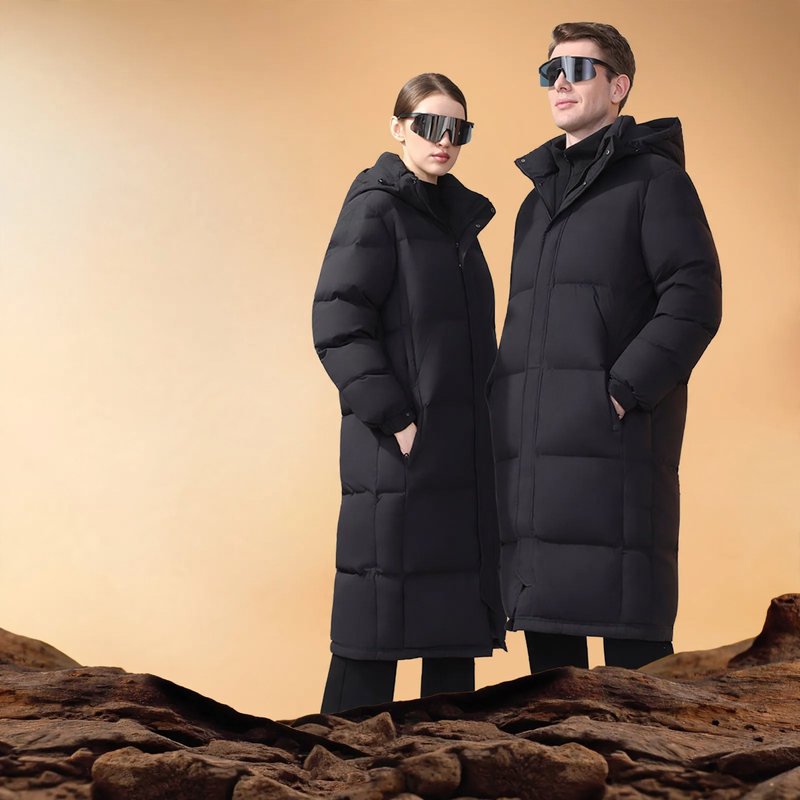 Long unisex down jacket with 95% white goose down filling
