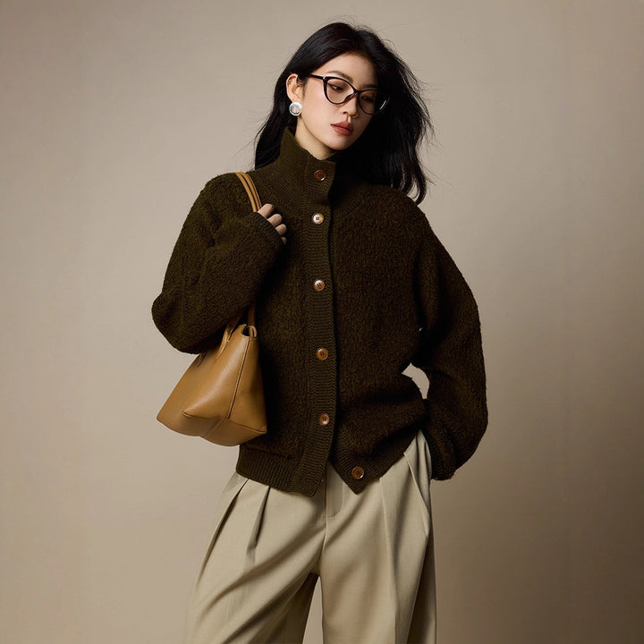 Women's wool cardigan, high-necked