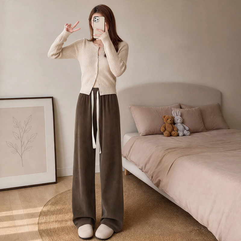 Fleece-lined corduroy knitted pants with wide legs