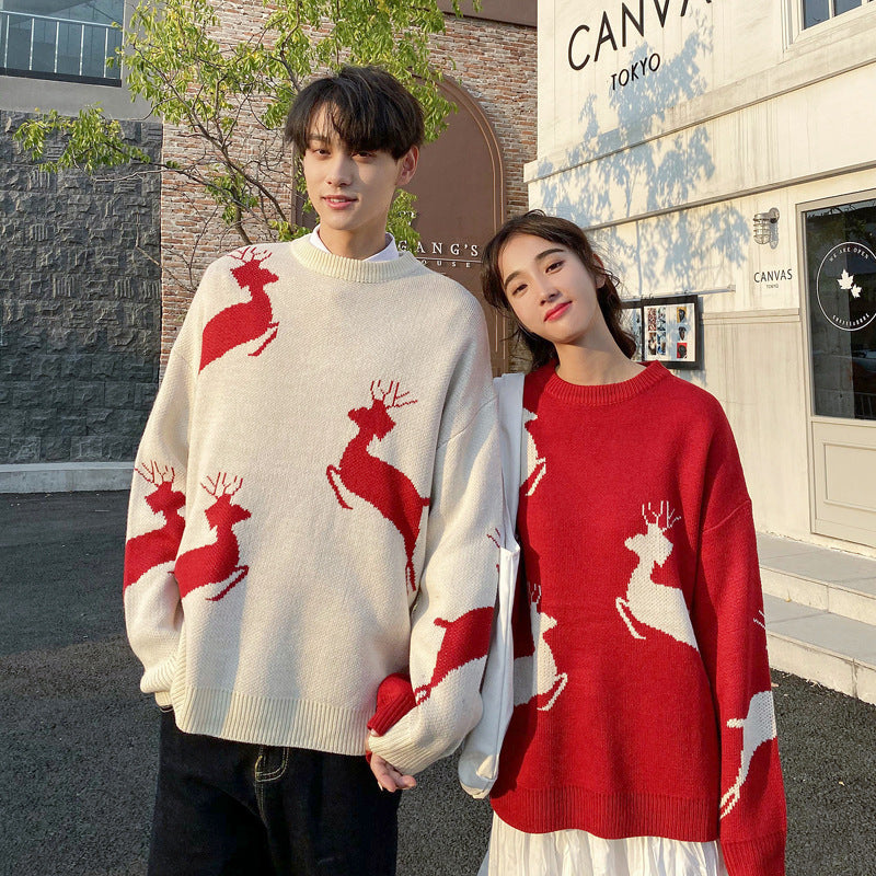 Christmas sweater with reindeer motif for couples