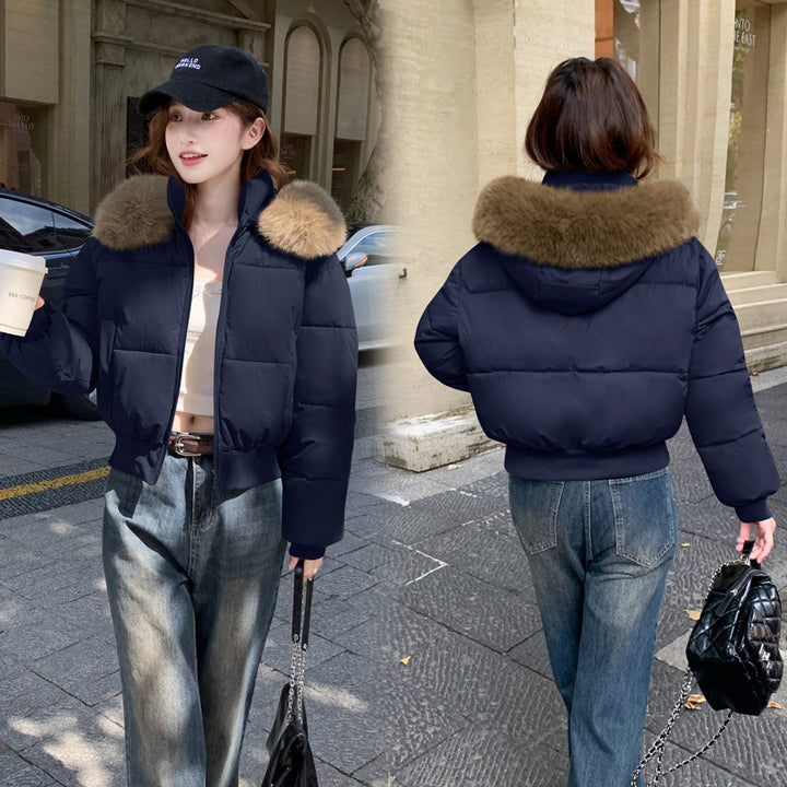 Short women's winter jacket with removable hood