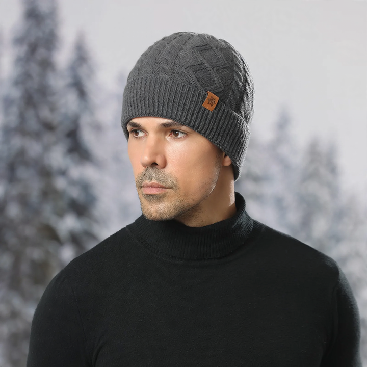 Knit set for men: beanie, scarf, and gloves