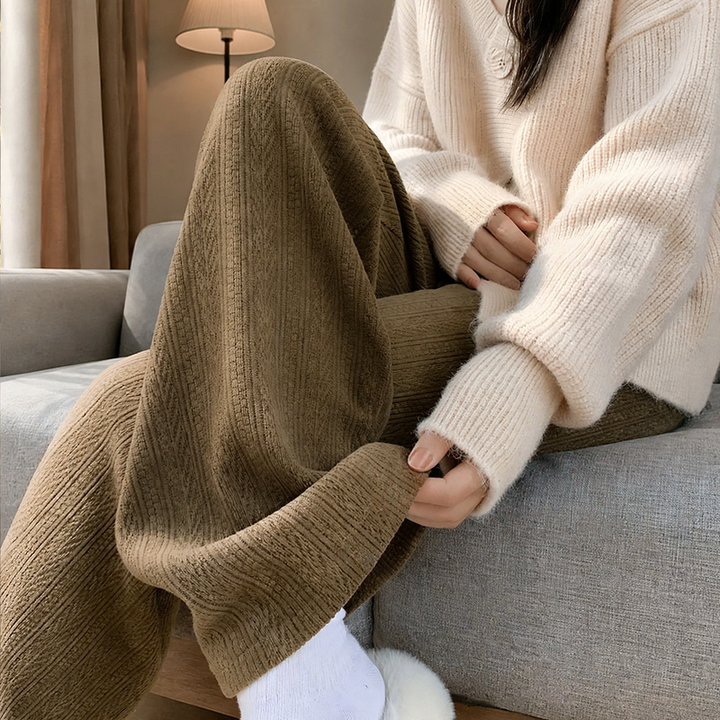Fleece-lined cord wide leg pants for women