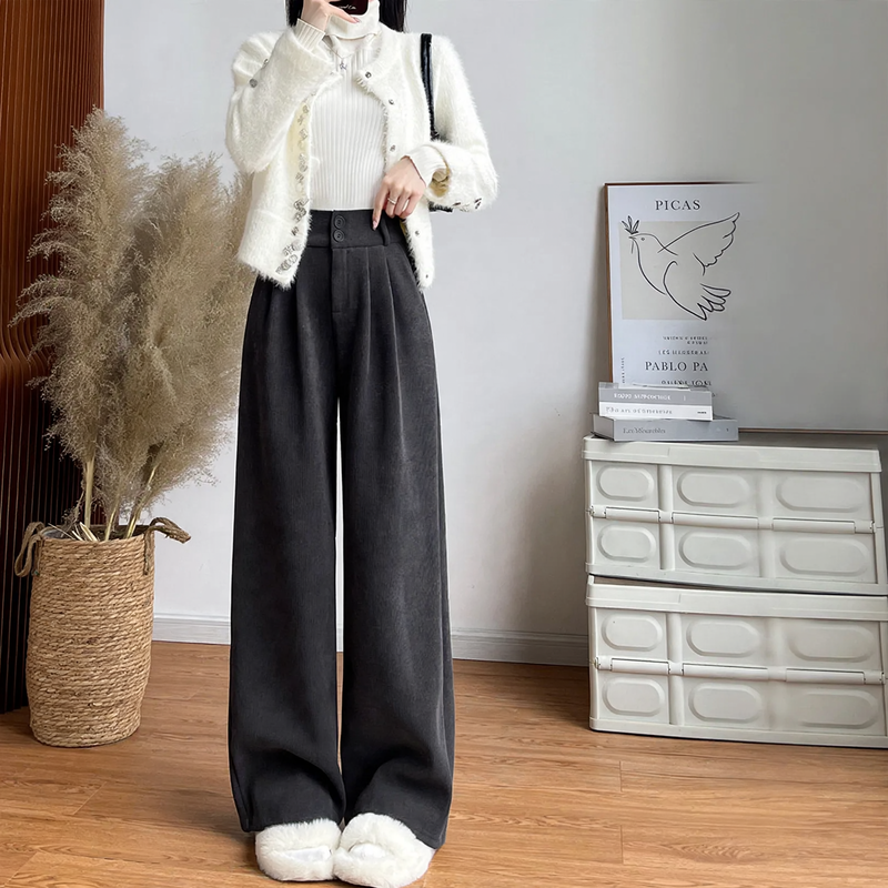 Cord wide pants with high waist for women