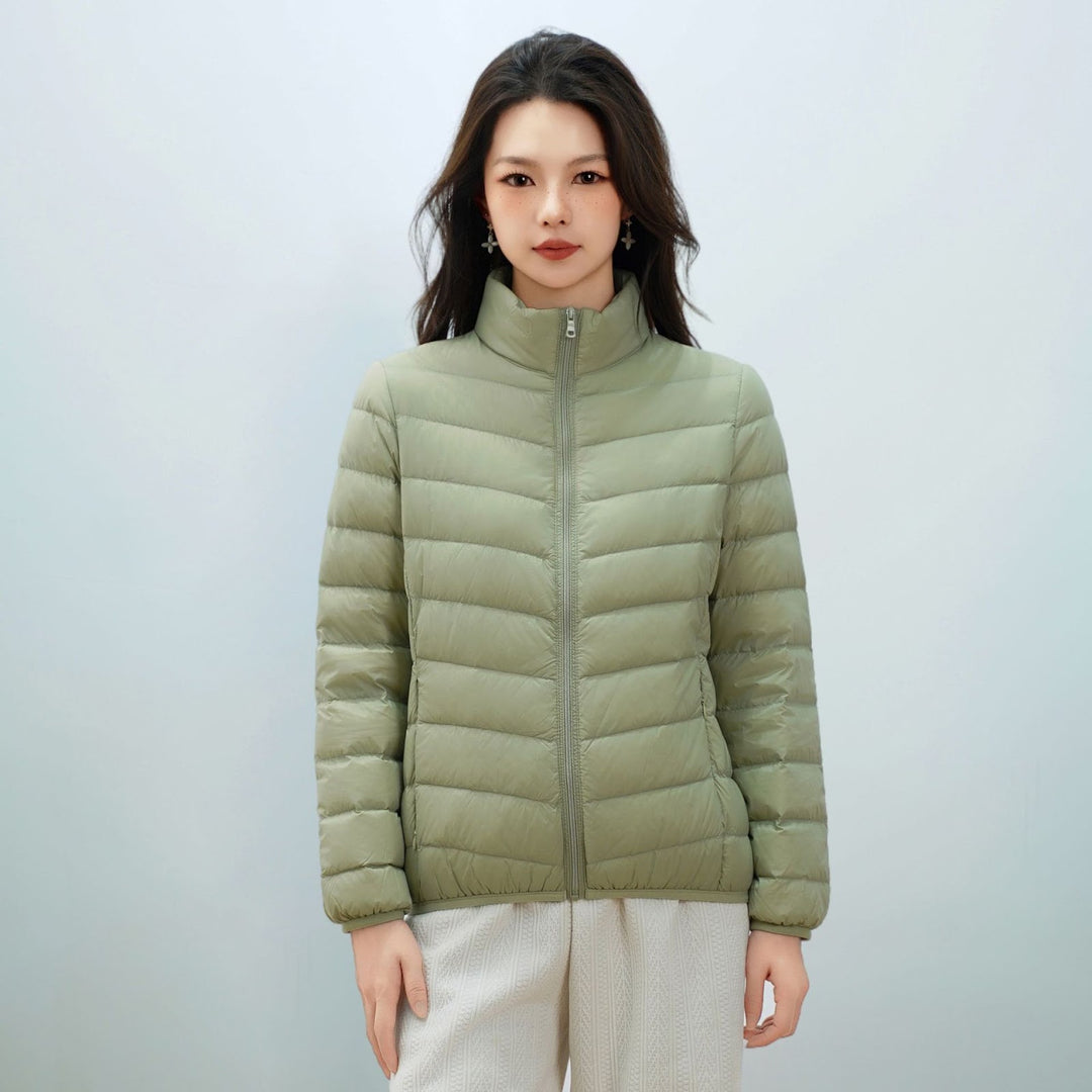 Light women's down jacket with stand-up collar