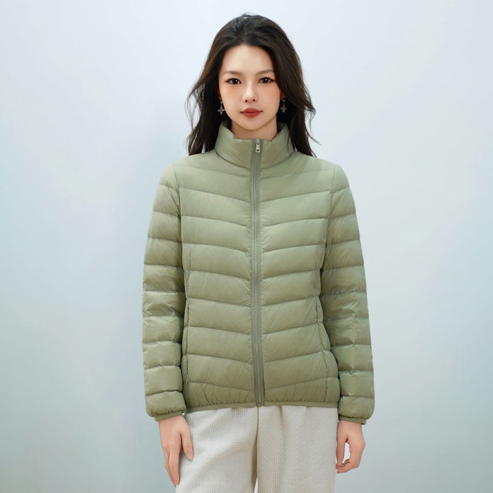 Light women's down jacket with stand-up collar