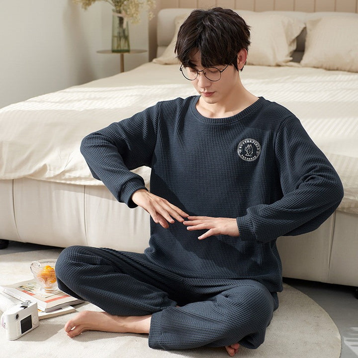 Waffle structure men's pajamas set, long-sleeved