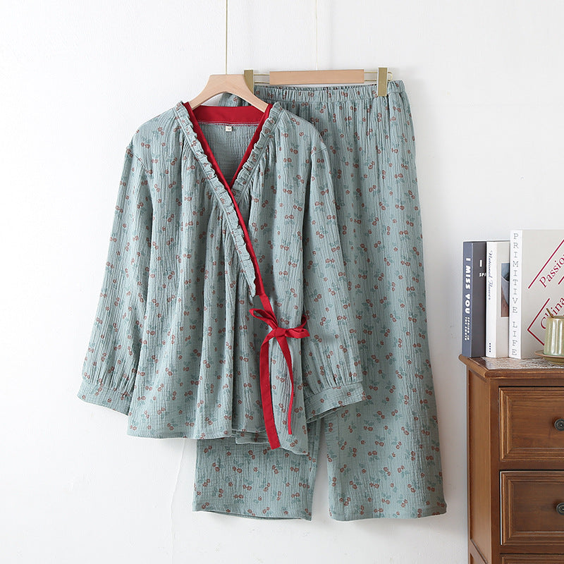 Women's Pajama Set in Kimono Style with Floral Pattern