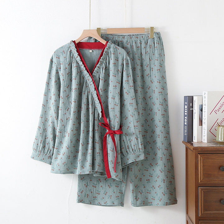 Women's Pajama Set in Kimono Style with Floral Pattern