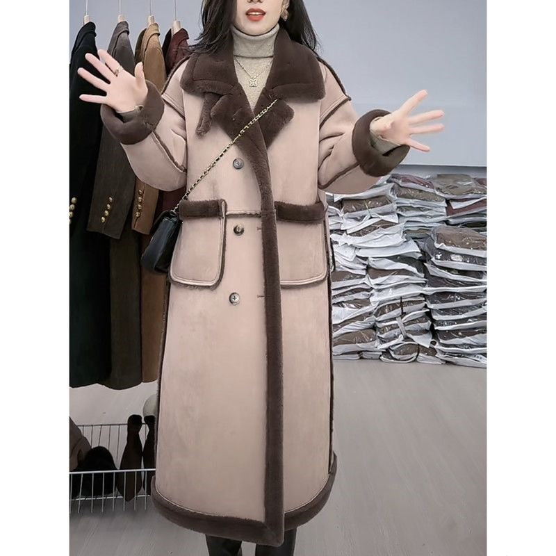 Lamb fleece coat for women, suede look, long