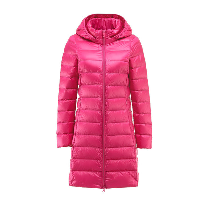 Women’s down coat, medium length, with removable hood