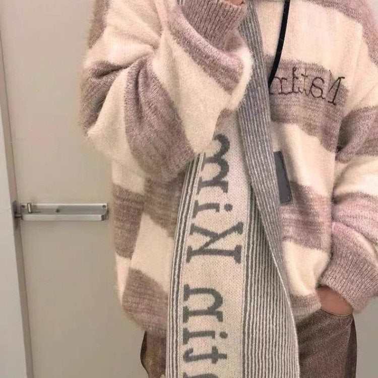 Alpaca wool scarf with hood, striped