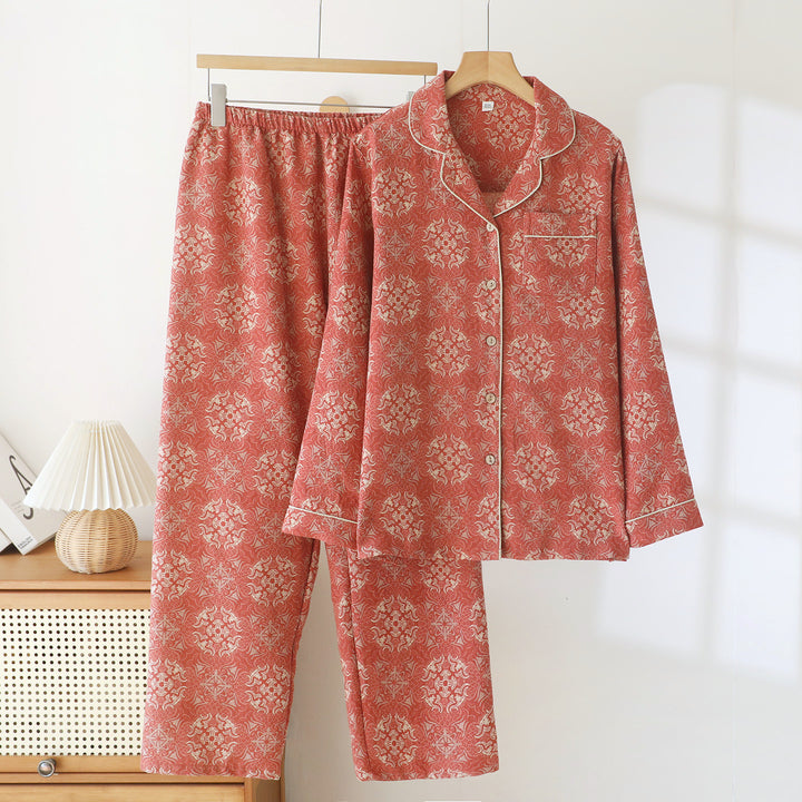 Women's Pajama Set made of Cotton, Long Sleeve, with Jacquard Pattern