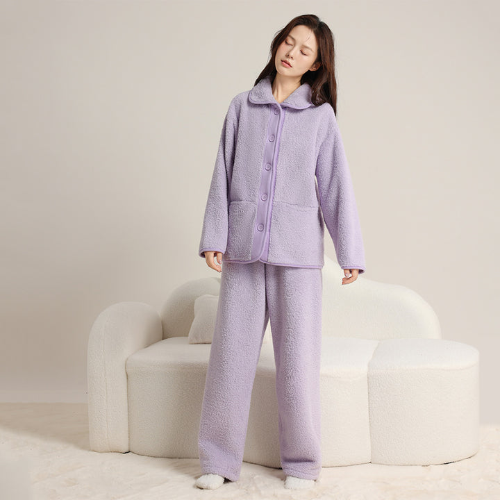 Warmer coral fleece pajama set with lapel for couples