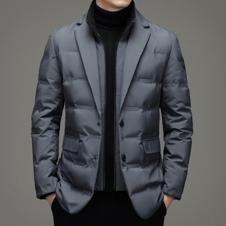 Men's down jacket, blazer style, removable stand collar