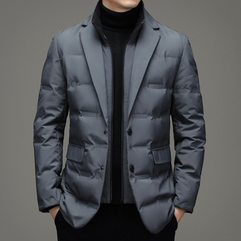 Men's down jacket, blazer style, detachable stand-up collar