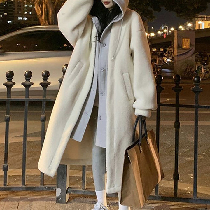 Lamb fleece imitation coat with hood, mid-length, padded