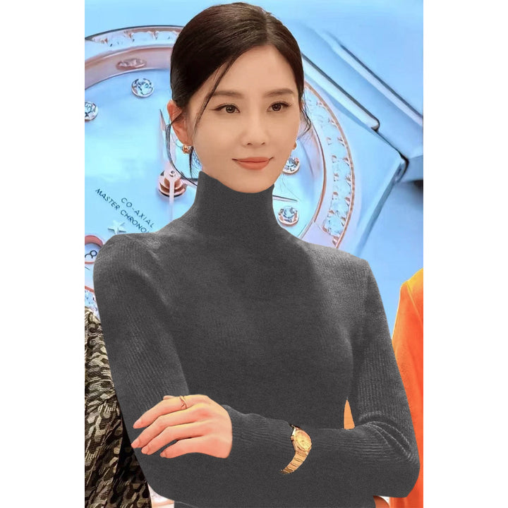 Women's knit sweater with stand-up collar, long-sleeved