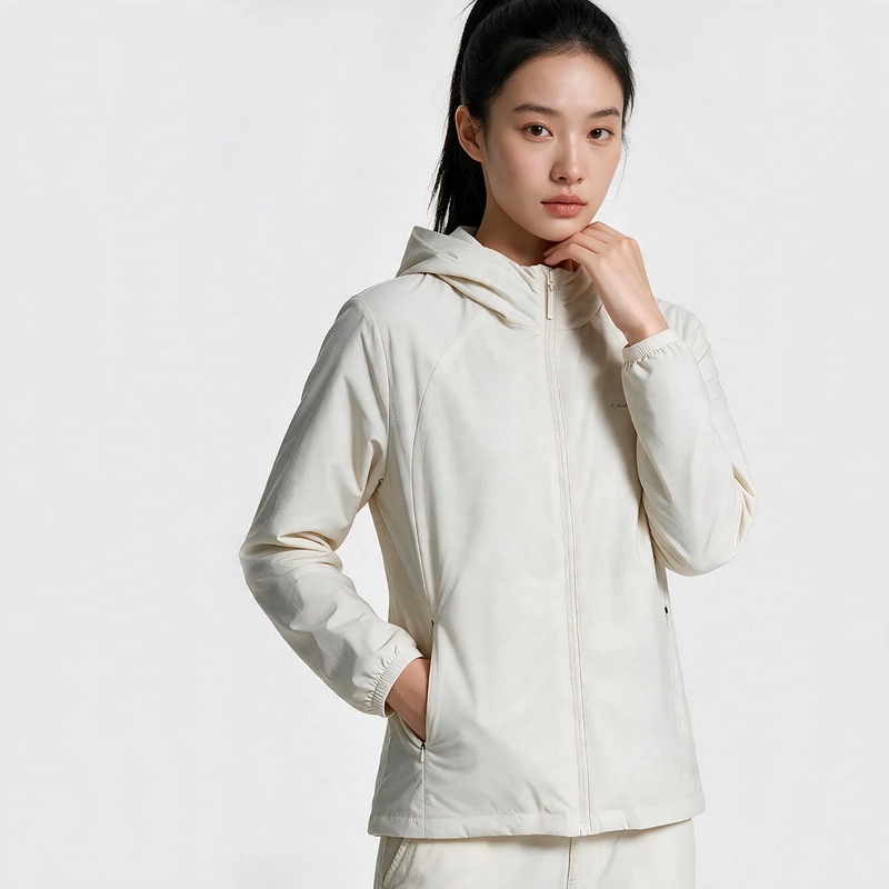 Lightweight outdoor down jacket with hood, white duck down