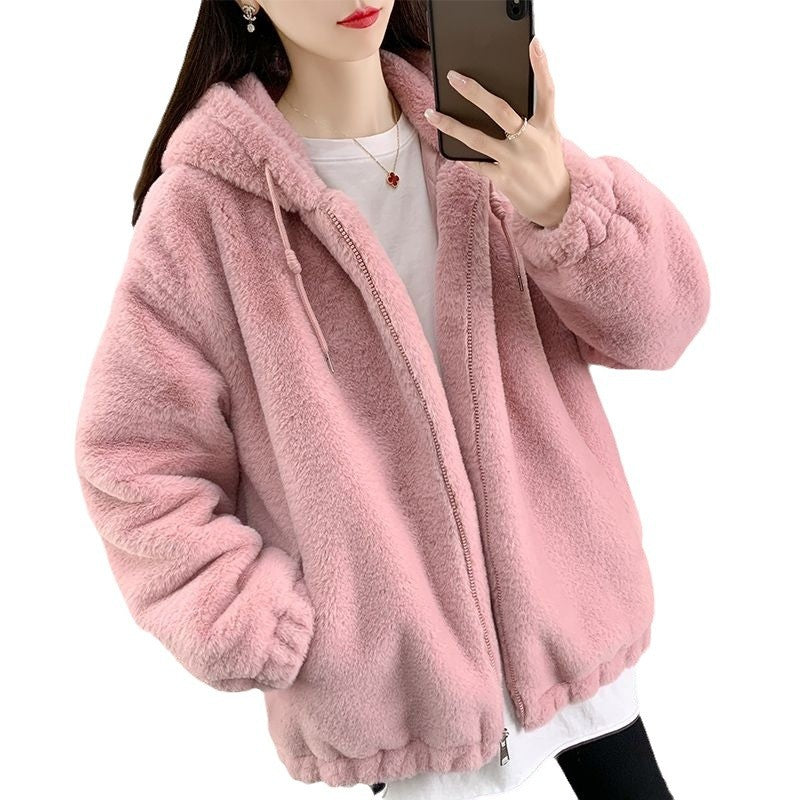 Lammfleece Coat with Hood, Mid-length