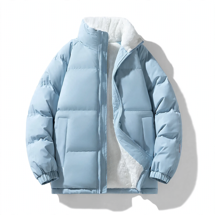 Padded men's winter jacket with hood and wind protection
