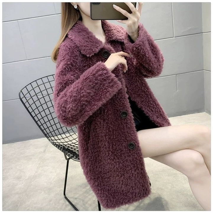 Sheepskin-look coat, mid-length, lined, women's