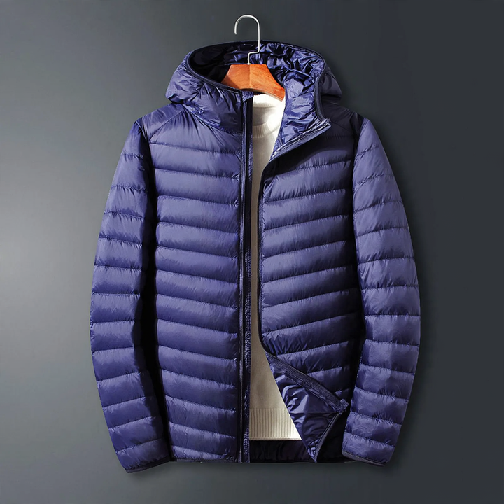 Light men's down jacket with hood, white duck down lining