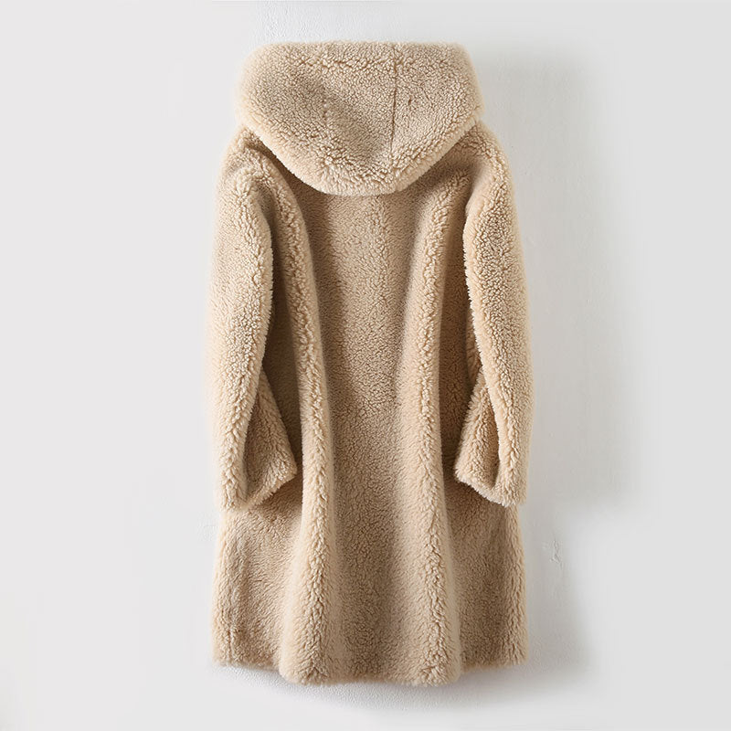 Women's sheepskin coat with hood, mid-length