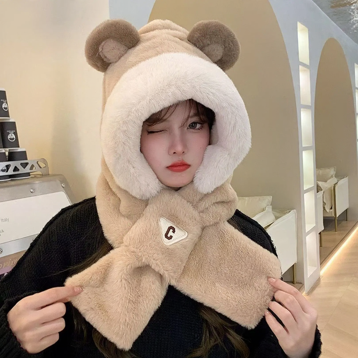Women's Plush Hooded Scarf with Bear Design