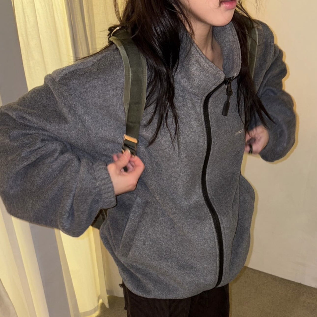 Fleece jacket with stand-up collar, zipper and embroidery