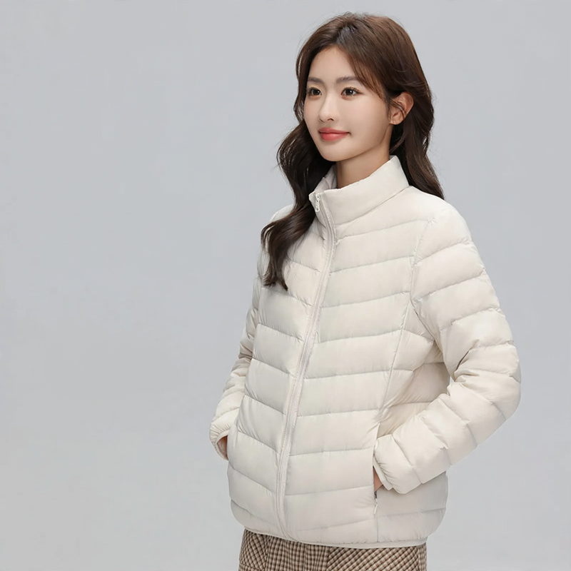 Light down jacket for women, stand-up collar, white, duck down