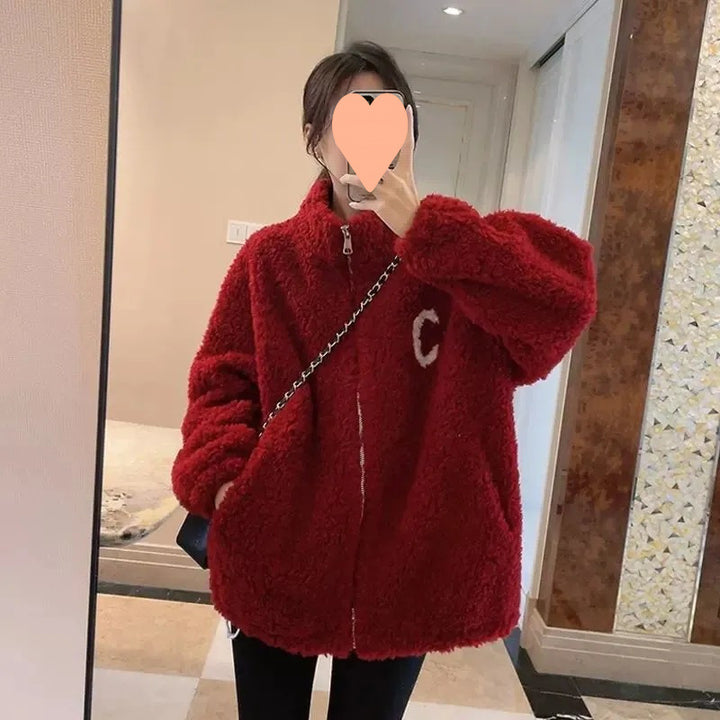 Women's baseball jacket made of lamb fleece imitation