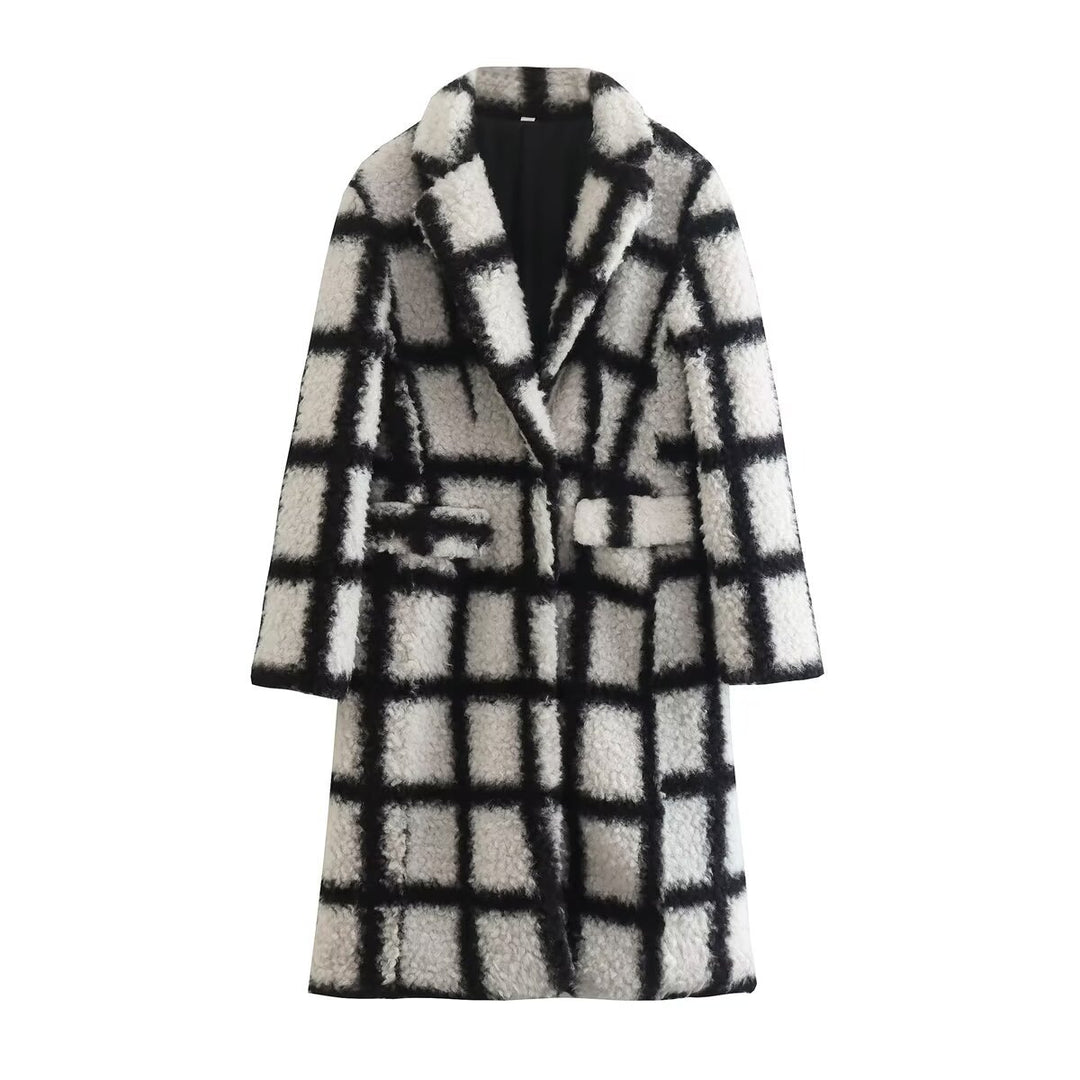 Teddy coat, checked, lapel collar, women's