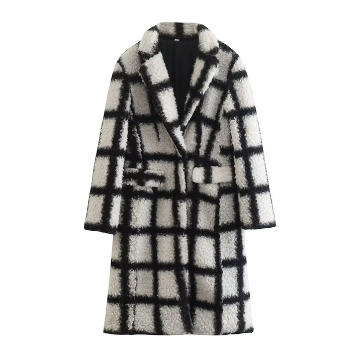 Teddy coat, checked, lapel collar, women's