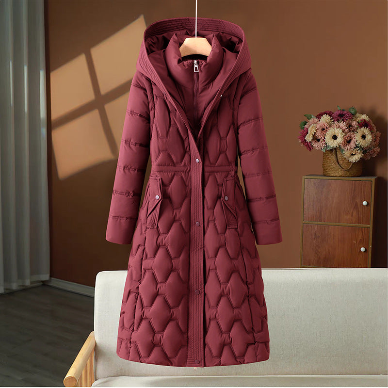 Long women's winter coat with waistline and removable parts