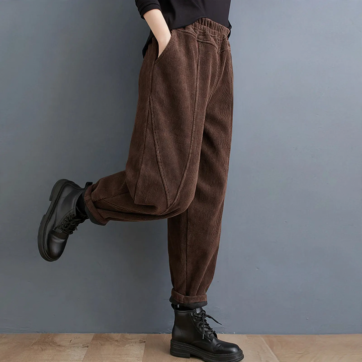 Padded corduroy carrot pants with elastic waistband