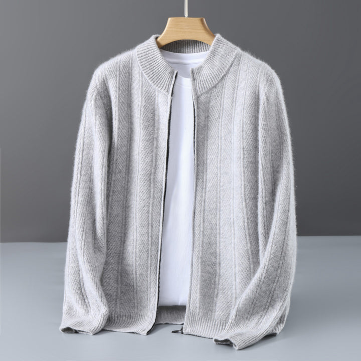 Men's wool cardigan, stand-up collar, zipper, jacquard pattern