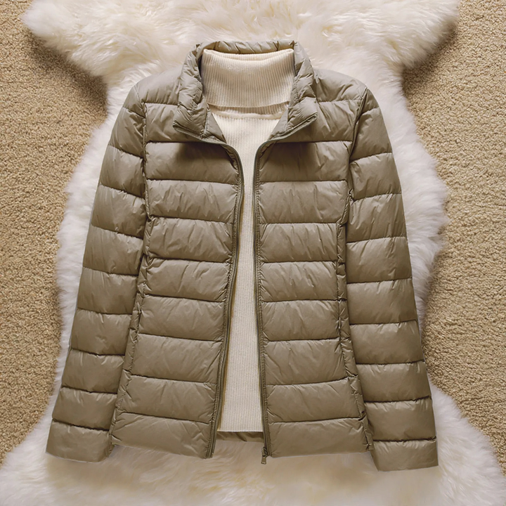 Light women's down jacket with hood and standing collar