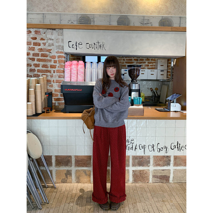 Polka Dot Corduroy Leisure Pants with Ruffle Details