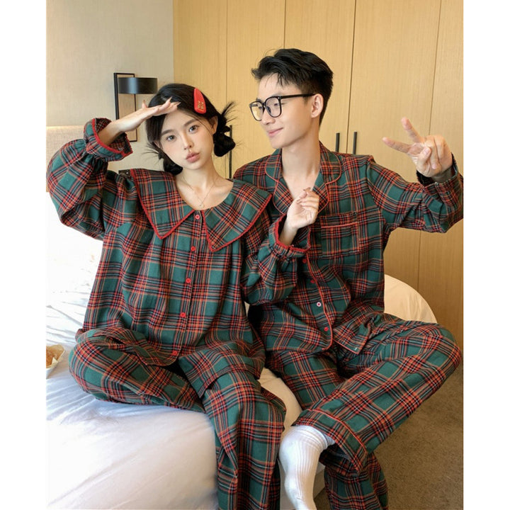 Women's house suit, checked, made of brushed cotton-linen blend
