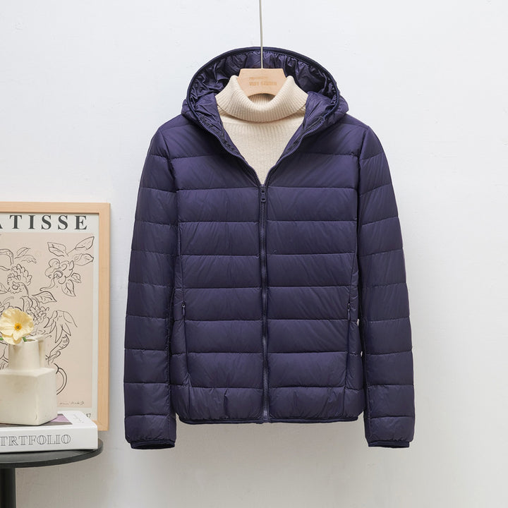 Light women's down jacket, hood, short fit