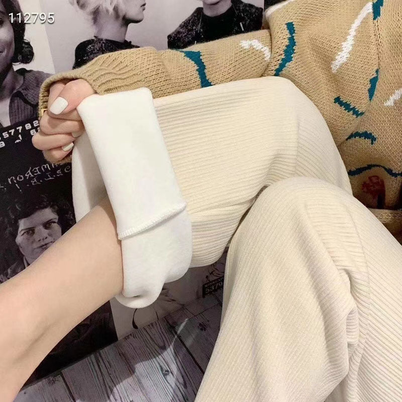 Flowing cord wide trousers with lining