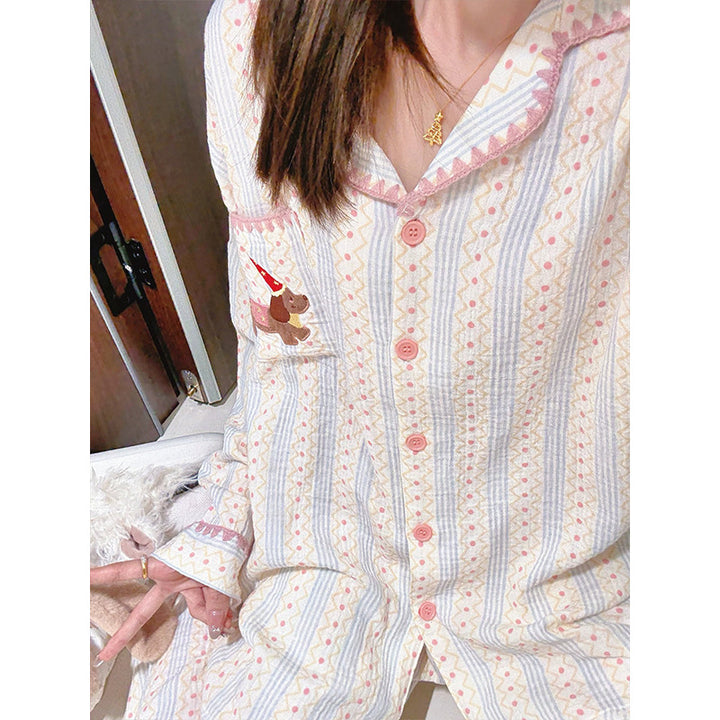 Women's Pajama Set, Cotton, Striped, Cartoon Design