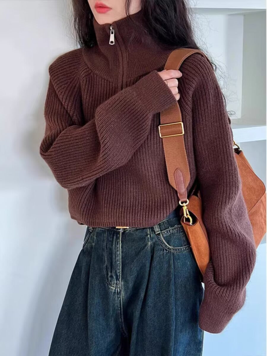 American retro knit sweater with half zipper