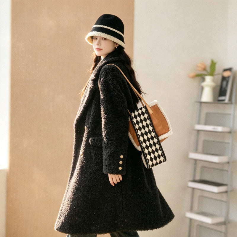 Women's coat, lamb fur imitation, long, black