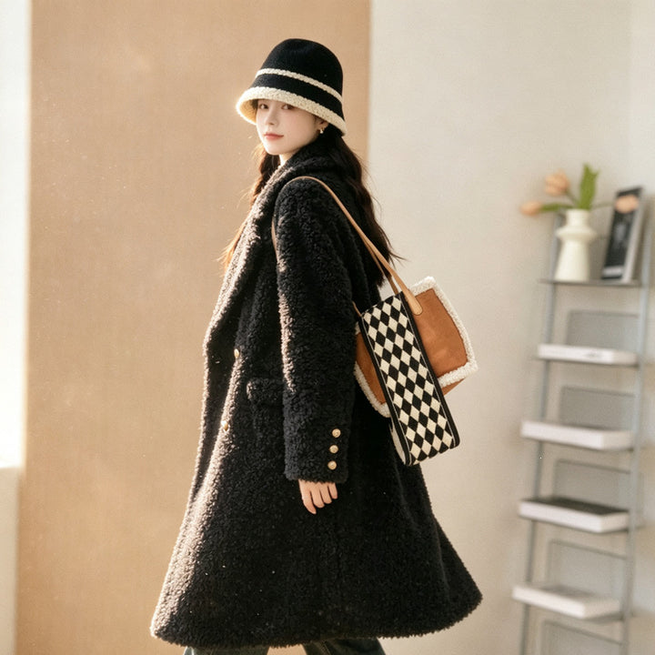 Women's coat, lamb fur imitation, long, black