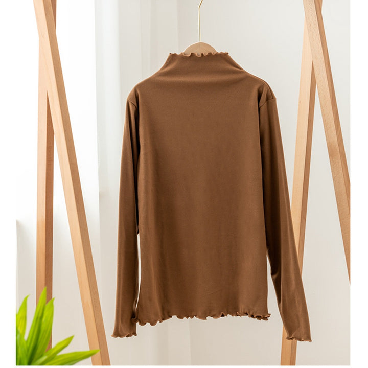 Ladies' Long Sleeve Shirt with Stand Collar and Ruffle Edge