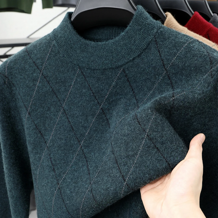 Men's wool sweater, checkered, stand collar, extra warm