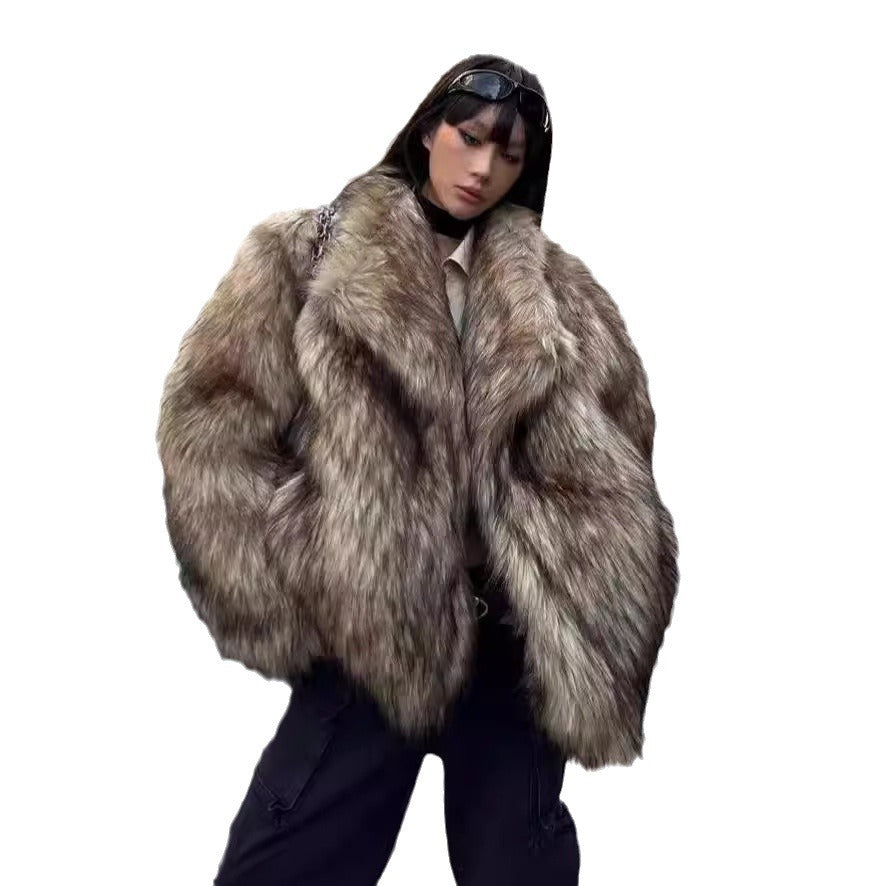 Faux fur coat with lapel collar, European style