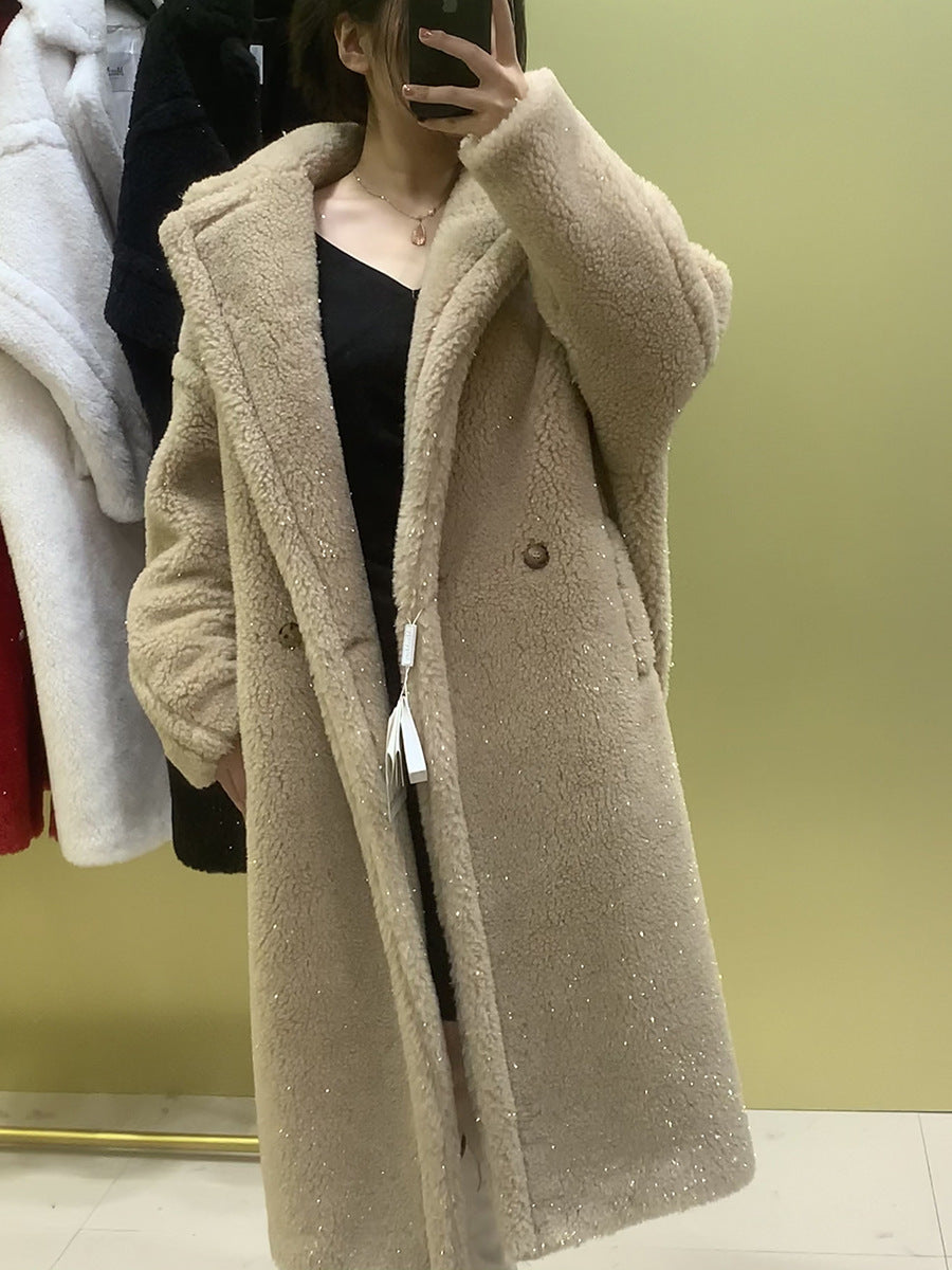 Teddy Coat with Gloss Effect, Mid-Length, Women's